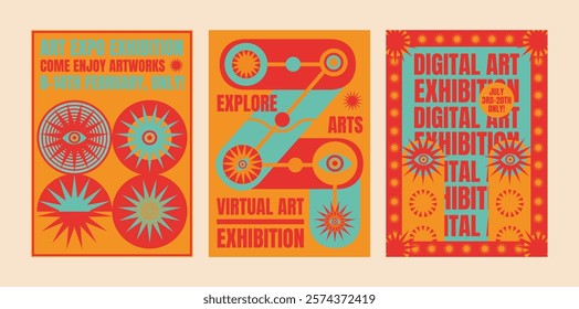 Colorful art exhibition posters with bold typography and geometric designs. Psychedelic retro digital art themes in vibrant colors. Eye-catching visuals. Psychedelic retro poster template vectors.