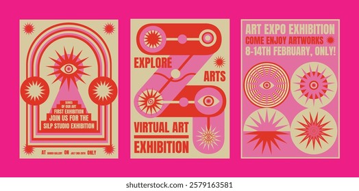 Colorful art exhibition posters with bold typography. Explore virtual art. Eye-catching designs with vibrant pink colors and dynamic layouts. Psychedelic retro poster template vectors.