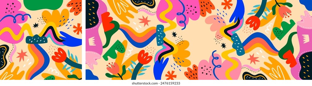 Colorful art floral background. Abstract bright doodles with flowers and leaves. Holiday festival ornamental decorative background. Brazil carnival background