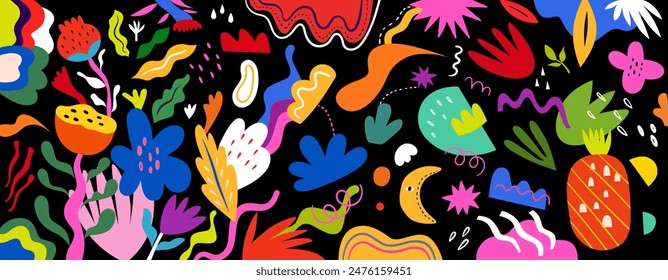 Colorful art floral background. Abstract bright doodles with flowers and leaves. Holiday festival ornamental decorative background. Brazil carnival background