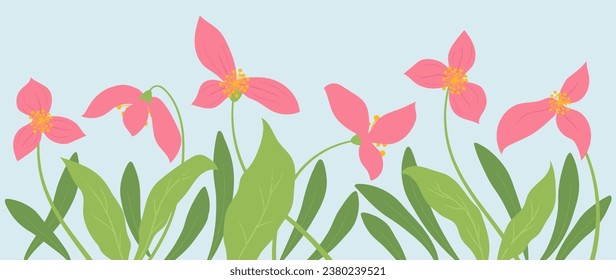 Colorful art flower background vector. Abstract wallpaper of flowers, leaves, branches, wild pink flowers. Botanical design in summer tone for banners, prints, decor, wall art.	