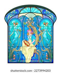 Colorful Art Nouveau stained glass window. Illustration of beautiful girl playing tambourine. Jugendstil architectural style. Design for decoration, wallpaper, interior. Architecture in Western Europe