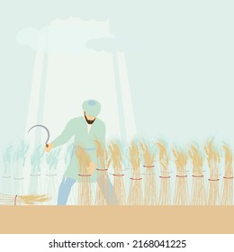 A colorful art painting of a bearded Jewish man dressed in antique clothes cutting sheaves of wheat in a field. Holding a sickle in his hand.