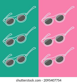 Colorful art poster with sunglasses. Bright set of sunglasses on pink and green background. Fashion concept for website design, landing page, poster. National Eyewear Day vector.