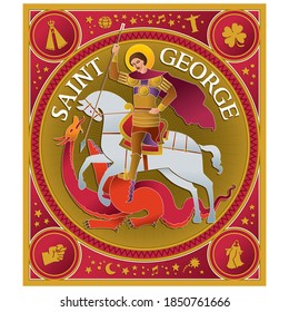 Colorful art of Saint George riding a horse and fighting the Dragon, in stylized way and lots of doodle drawing around him. Vector illustration.