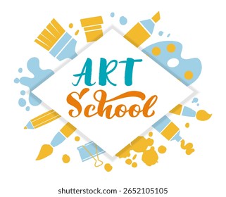 Colorful art school logo incorporating paintbrushes, pencils, paint tubes, and a palette, celebrating creativity, artistic expression, and the joy of learning in visual arts education
