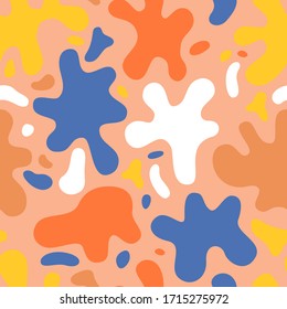 Colorful art splash seamless pattern with bright paint stain or unusual summer shapes. Modern trendy abstract background.