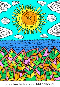 Colorful art - summer landscape with sun and leaves and sea. Color doodle artwork. Vector illustration.