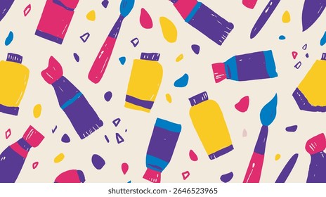 Colorful art supplies create seamless pattern on a beige background art