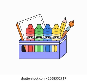 Colorful art supplies including crayons, a pencil, and a brush in a cheerful box for creative expression for educational content, kids' art projects cartoon vector illustration