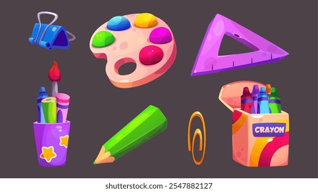 Colorful art supplies for kindergarten activities. Cartoon set of paint palette, purple ruler, pencil and clips, crayons in box and pens in decorated holder. Creative tools for school children.