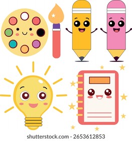colorful art supplies and stationery icons and cartoon style for kids.