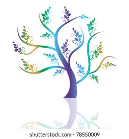 Colorful art tree and reflection on white background