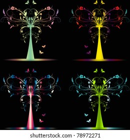 Colorful art trees collection on black background