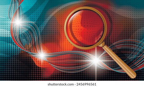 Colorful art wallpaper. Composition of a wooden magnifying glass, flashes of light, intertwining wavy lines against a background of overlapping translucent shapes and mixing of colors. Vector.
