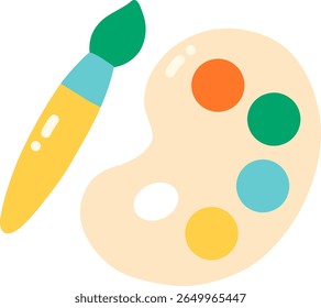 Paleta de artistas coloridos com pincel, apresentando cores vibrantes e design criativo, perfeito para entusiastas da arte e ambientes educacionais
