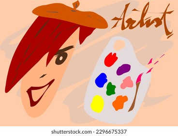 Colorful artist with red hair orange hat with her color palette and paintbrush are on old rose paint background.
