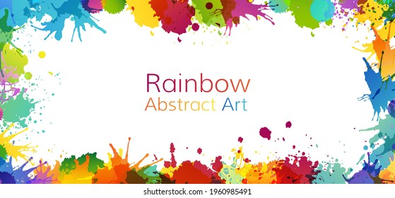 Colorful artistic banner with paint splashes design elements. Rainbow colored horizontal frame.