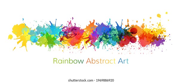 Colorful artistic banner with paint splashes design elements. Rainbow colored horizontal border.
