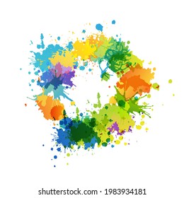 Colorful artistic banner with paint splashes design elements. Rainbow colored circle frame.