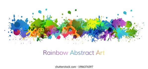 Colorful artistic banner with paint splashes design elements. Rainbow colored horizontal border.