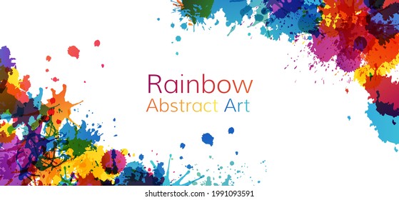 Colorful artistic banner with paint splashes design elements. Rainbow colored background.