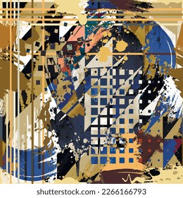 Colorful artistic brush strokes striped seamless pattern. Hand drawn modern dirty paint ornament with doodles, splashes, splatters, stripes, squares. Vector urban trendy abstract drawing background.