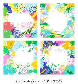 Colorful artistic creative cards. Hand drawn modern backgrounds with place for your text. Trendy abstract header.