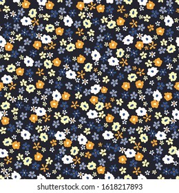 Colorful Artistic Ditsy Allover Graphic Floral Vector Seamless Pattern. Simplistic Small Hand Drawn Daisies, Scattered Abstract Blooms on Black Background. Minimal Stylized Flowers Print.