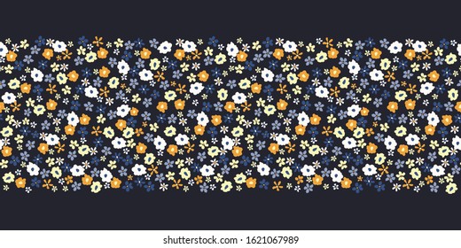 Borde De Patrón De Color Artístico De Color Dimitido Alamante Vector Floral Gráfico Sin Perjuicio. Daisies simplistas dibujados a mano pequeña, floraciones abstractas dispersas en fondo negro. Impresión de flores estilizadas mínimas