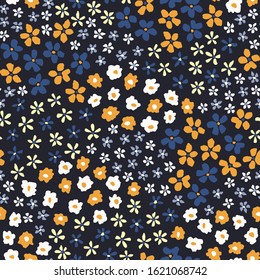 Colorful Artistic Ditsy Allover Graphic Floral Vector Seamless Pattern. Simplistic Small Hand Drawn Daisies, Scattered Abstract Blooms on Black Background. Minimal Stylized Flowers Print.