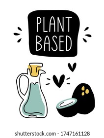 Colorful artistic doodle hand-drawing poster "PLANT BASED". Card with a cute vector illustrations isolated on white background. Healthy banner template for farming market fair