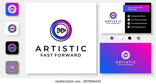 Colorful artistic fast forward logo design with business card template.