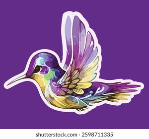Colorful Artistic Hummingbird Sticker – Hand-Drawn Watercolor-Inspired Flying Bird with Vibrant Feathers on Purple Background, Perfect for Nature, Wildlife, and Decorative Designs
