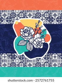 Colorful artistic illustration featuring a bold floral arrangement on abstract shapes and tile patterns. Perfect for decorative, artistic, and design themes inspiring modern and traditional creativity