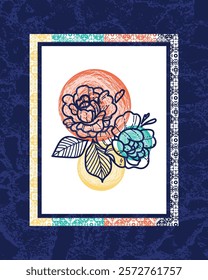 Colorful artistic illustration featuring a bold floral arrangement on abstract shapes and tile patterns. Perfect for decorative, artistic, and design themes inspiring modern and traditional creativity