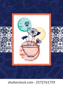 Colorful artistic illustration featuring a bold floral arrangement on abstract shapes and tile patterns. Perfect for decorative, artistic, and design themes inspiring modern and traditional creativity