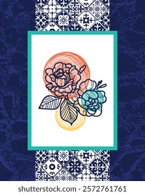 Colorful artistic illustration featuring a bold floral arrangement on abstract shapes and tile patterns. Perfect for decorative, artistic, and design themes inspiring modern and traditional creativity