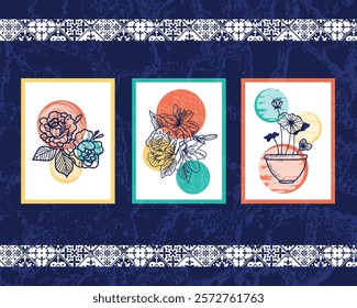 Colorful artistic illustration featuring a bold floral arrangement on abstract shapes and tile patterns. Perfect for decorative, artistic, and design themes inspiring modern and traditional creativity