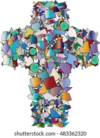 Colorful artistic mosaic Christian cross vector illustration, abstract composition of broken pieces or glass.