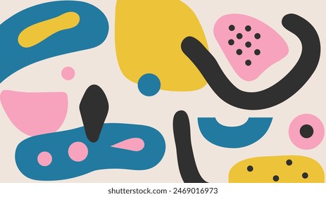 Colorful artistic naive background. Creative collage with various hand drawn shapes in pink, blue, yellow and black colors.