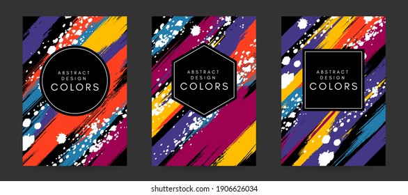 Colorful artistic poaters with paint splash decoration elements.  Abstract creative design. Backgrounds collection with hand drawn texture.