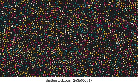 Colorful artistic pointillism pattern with vibrant colors and scattered hand drawn irregular tiny dots on dark background. Many small size colorful spots randomly scattered across the canvas. Vector