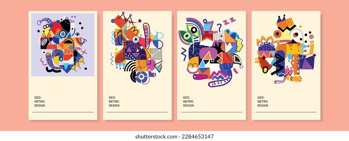 Colorful artistic shapes line and doodles abstract graphic design.