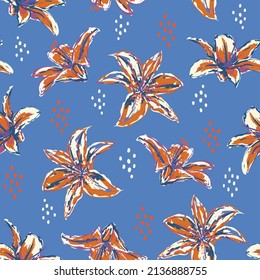 Colorful Artistic summer blooming lily  flowers seamless pattern in vector hand brushed strokes  ,Hand painting design for fashion,fabric,wallpaper,web and all prints on light blue