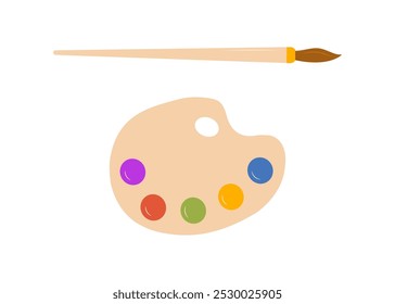 Colorful artist's palette and paintbrush isolated on white background. Flat hand drawn vector illustration.