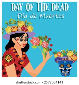 Colorful artwork celebrating Dia de Muertos with a woman in traditional makeup, flowers, and a decorated skull symbolizing the vibrant culture of the Day of the Dead celebration. 