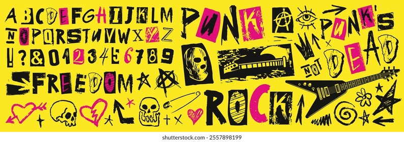 Colorful artwork features bold punk rock themes with symbols typography and imagery celebrating music and freedom. The design combines various artistic elements with energy.