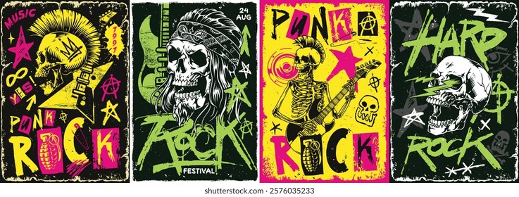 Colorful artwork for a punk and hard rock festival features stylized skulls musical motifs and energetic designs. The date is August 24 capturing the spirit of the event.