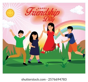 Colorful artwork representing Friendship Day with kids playing together under the sunny sky. Flat vector modern illustration 